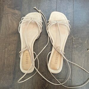 Schutz Milu Leather Skinny Wrap Flat Leather Nude Sandal
